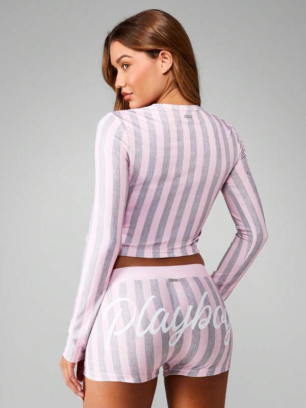 missguided Missguided x Playboy Striped Crop Top With Shorts Set