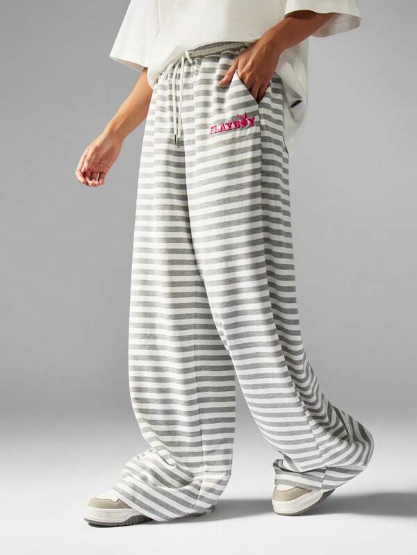 Missguided Missguided X Playboy Striped Drawstring Sweatpants With Logo