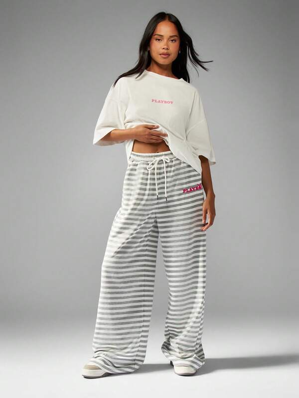 Missguided Missguided X Playboy Striped Drawstring Sweatpants With Logo