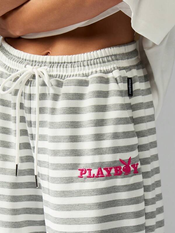 Missguided Missguided X Playboy Striped Drawstring Sweatpants With Logo