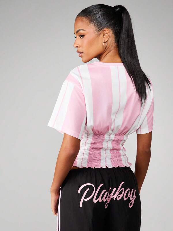 Missguided Missguided X Playboy Striped Fitted Waist Smocked Tee