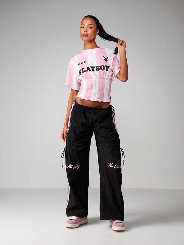 Missguided Missguided X Playboy Striped Fitted Waist Smocked Tee