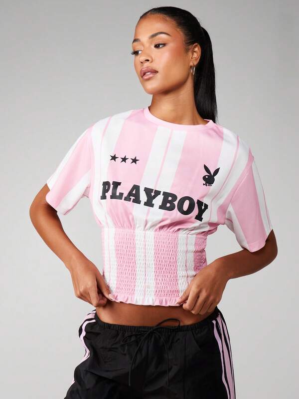 Missguided Missguided X Playboy Striped Fitted Waist Smocked Tee