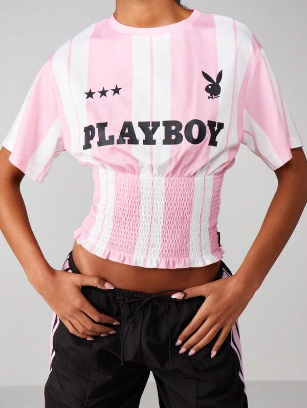 missguided Missguided x Playboy Striped Fitted Waist Smocked Tee