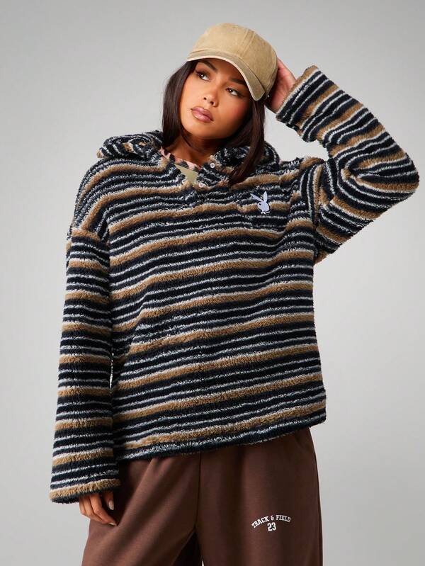missguided Missguided x Playboy Striped Fleece Hooded Sweatshirt With Pocket