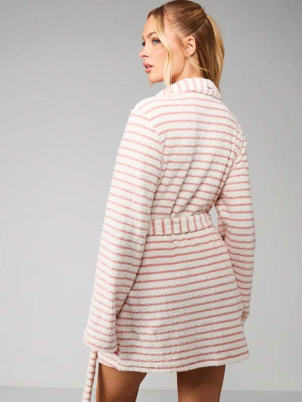 Missguided Missguided X Playboy Striped Fluffy Hooded Robe With Belt