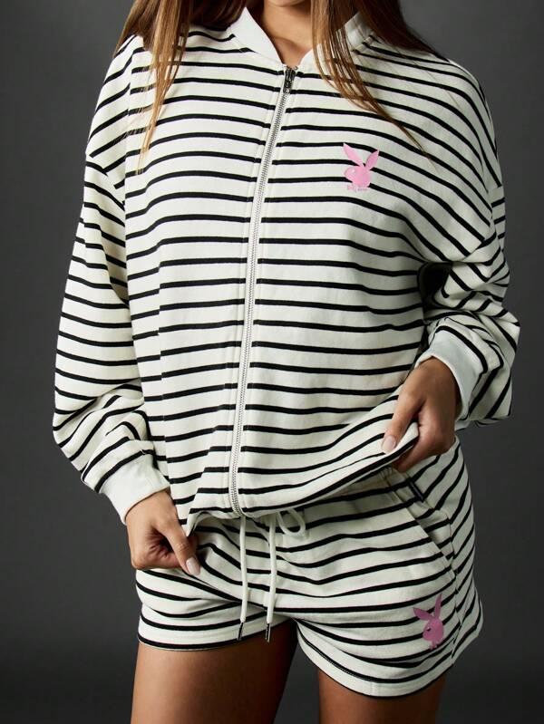 missguided Missguided x Playboy Striped Full Zip Sweatshirt With Pockets And Logo