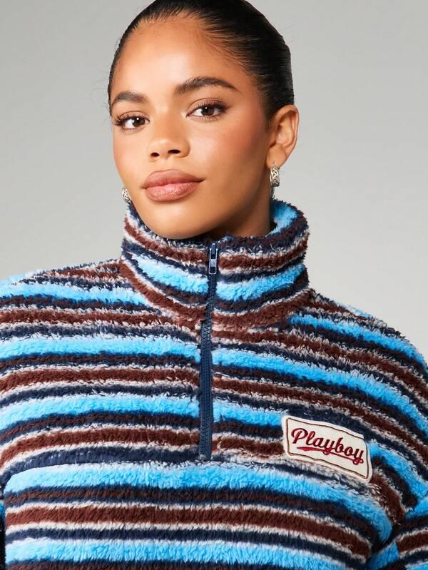 Missguided Missguided X Playboy Striped Funnel Neck Fleece Sweatshirt With Half Zip