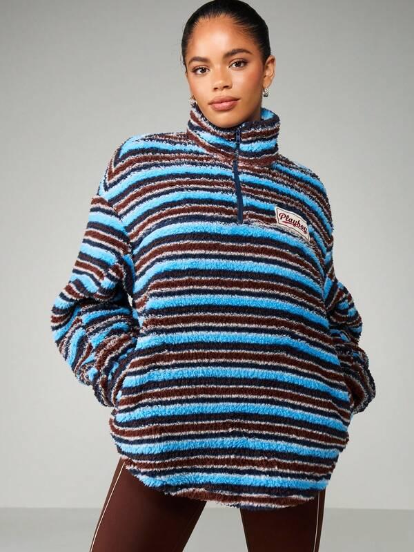 Missguided Missguided X Playboy Striped Funnel Neck Fleece Sweatshirt With Half Zip