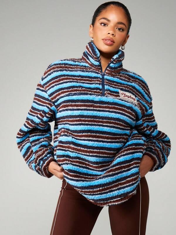 missguided Missguided x Playboy Striped Funnel Neck Fleece Sweatshirt With Half Zip