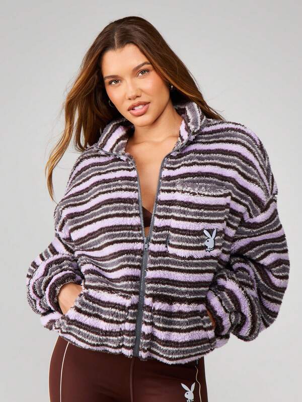 missguided Missguided x Playboy Striped Funnel Neck Zip Through Fleece Jacket