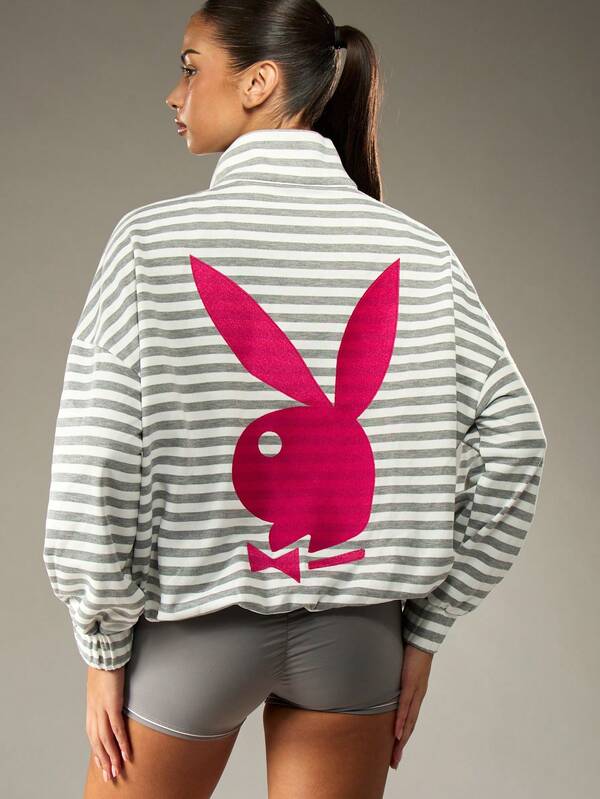 Missguided Missguided X Playboy Striped Half Zip Pullover Sweatshirt With Bunny Logo