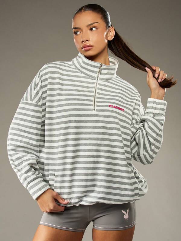 Missguided Missguided X Playboy Striped Half Zip Pullover Sweatshirt With Bunny Logo