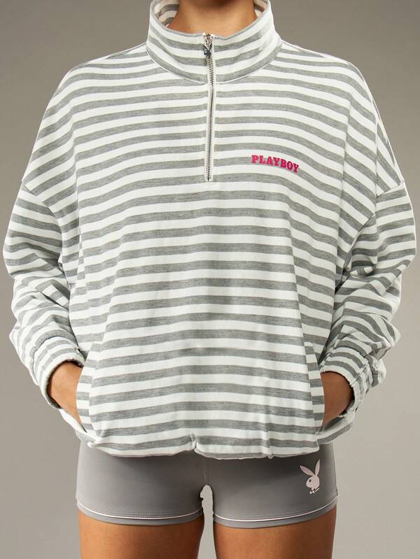 missguided Missguided x Playboy Striped Half Zip Pullover Sweatshirt With Bunny Logo