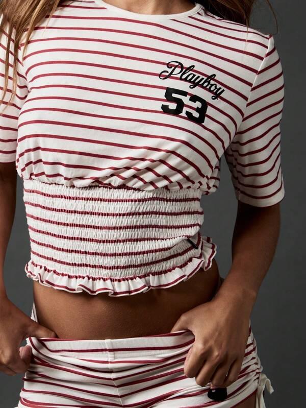 Missguided Missguided X Playboy Striped Jersey Smocked Cropped T-Shirt Offers Casual Classic Style