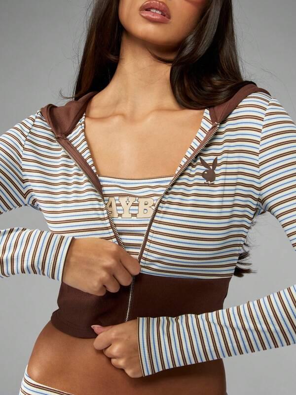 Missguided Missguided X Playboy Striped Long Sleeve Hooded Crop Top With Ribbed Hem