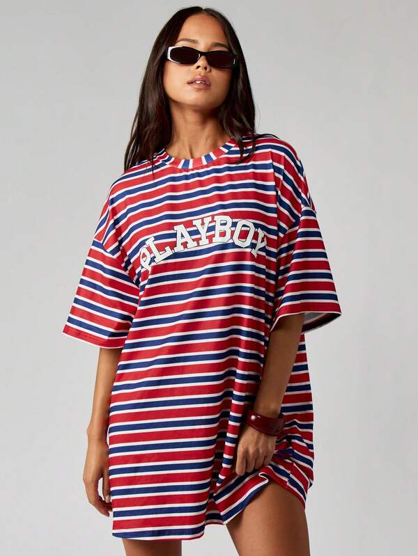 Missguided Missguided X Playboy Striped Mini T-Shirt Dress With Retro Logo Print