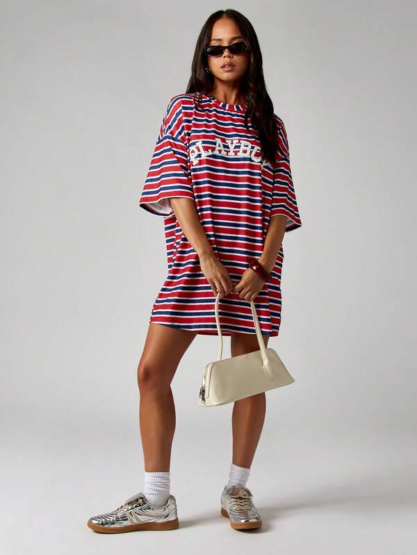 Missguided Missguided X Playboy Striped Mini T-Shirt Dress With Retro Logo Print