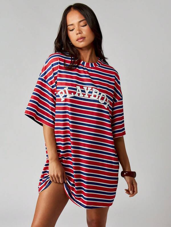missguided Missguided x Playboy Striped Mini T-Shirt Dress With Retro Logo Print