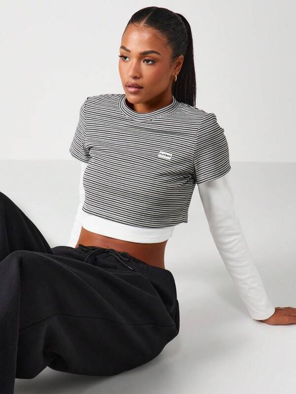 Missguided Missguided X Playboy Striped Multilayer Crop Tee With Long Sleeves