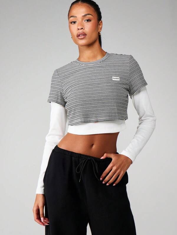 Missguided Missguided X Playboy Striped Multilayer Crop Tee With Long Sleeves