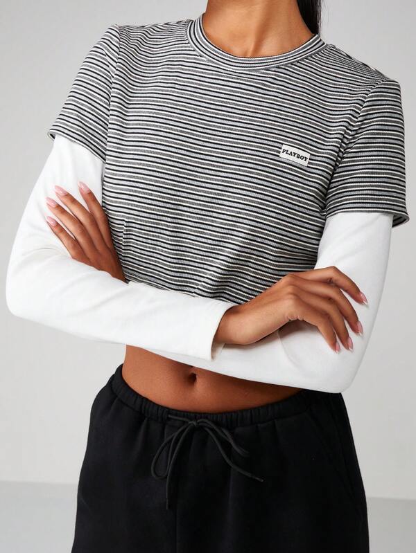 missguided Missguided x Playboy Striped Multilayer Crop Tee With Long Sleeves