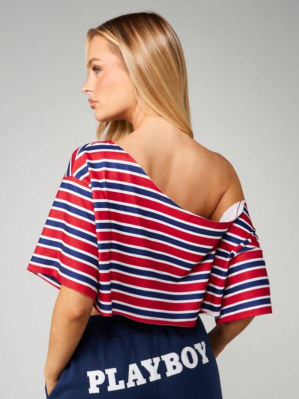 Missguided Missguided X Playboy Striped Off Shoulder Crop Top With Logo