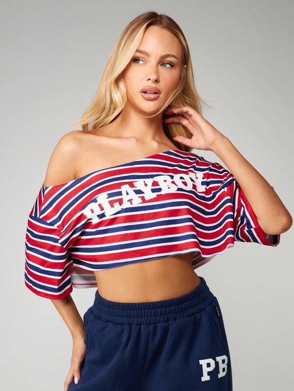 Missguided Missguided X Playboy Striped Off Shoulder Crop Top With Logo