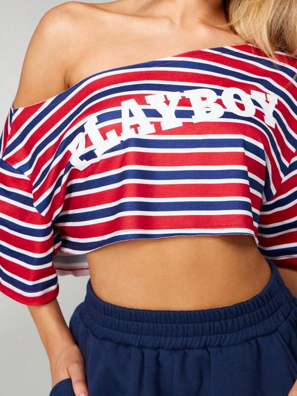 missguided Missguided x Playboy Striped Off Shoulder Crop Top With Logo