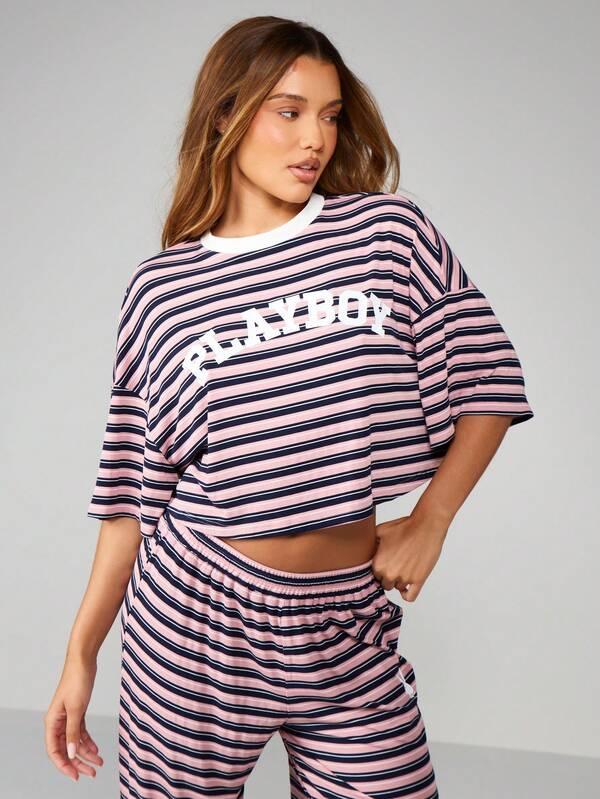 Missguided Missguided X Playboy Striped Oversized Crop Top With Wide Leg Pants