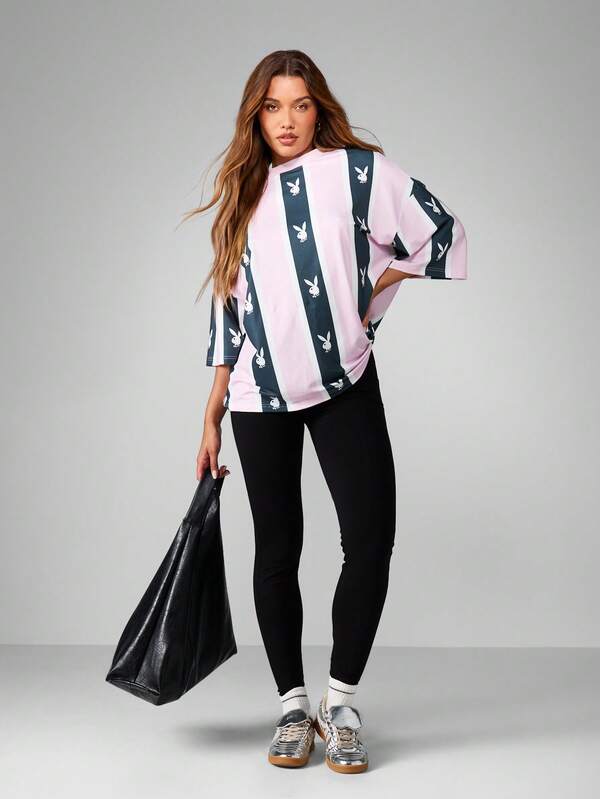 Missguided Missguided X Playboy Striped Oversized Short Sleeve Shirt With Print