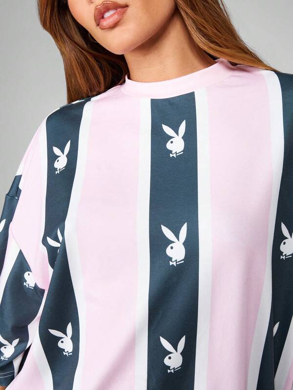Missguided Missguided X Playboy Striped Oversized Short Sleeve Shirt With Print