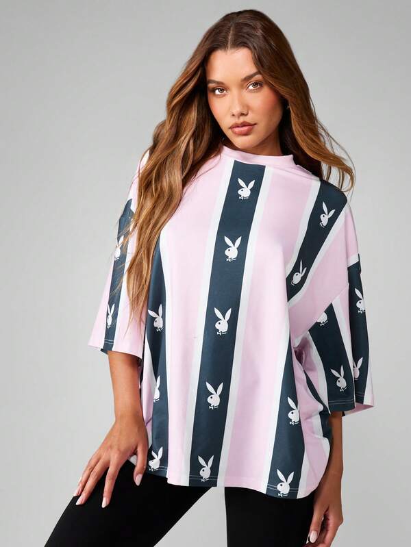 missguided Missguided x Playboy Striped Oversized Short Sleeve Shirt With Print