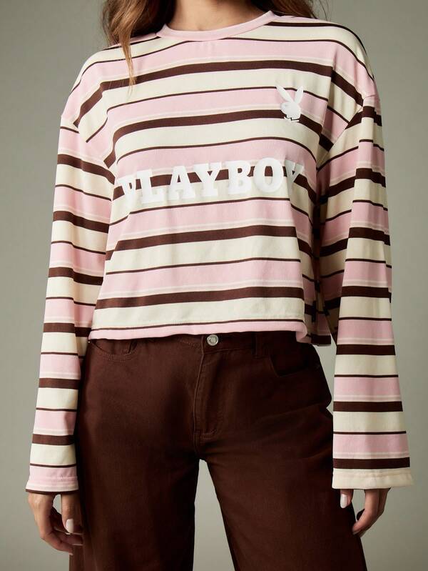 Missguided Missguided X Playboy Striped Oversized T Shirt With Logo Print