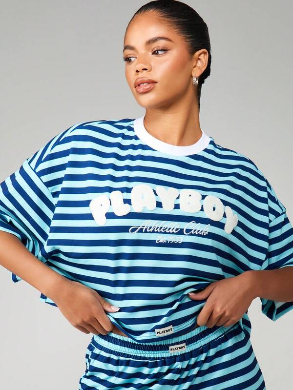 Missguided Missguided X Playboy Striped Oversized Tee With Wide Leg Trousers