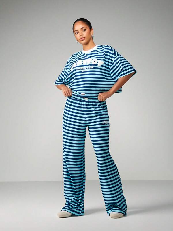 missguided Missguided x Playboy Striped Oversized Tee With Wide Leg Trousers