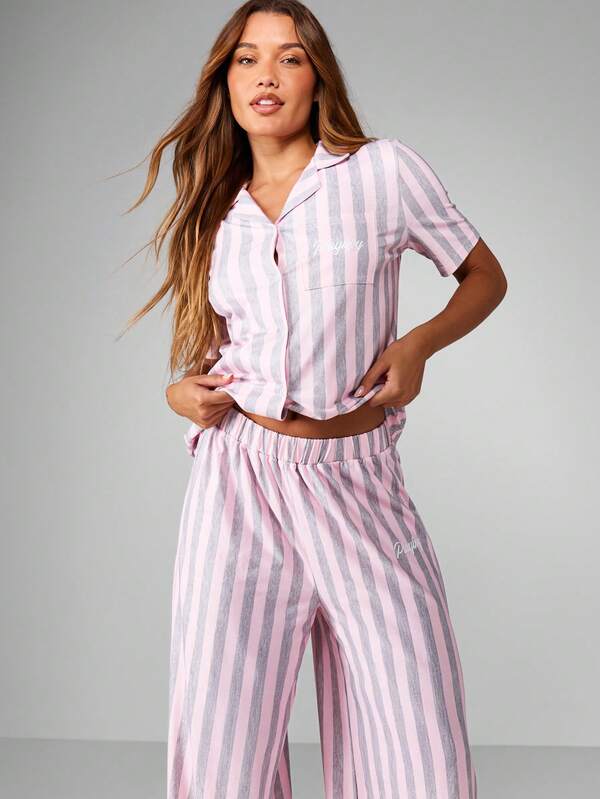 Missguided Missguided X Playboy Striped Pajama Set With Button Front
