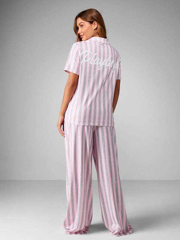 Missguided Missguided X Playboy Striped Pajama Set With Button Front