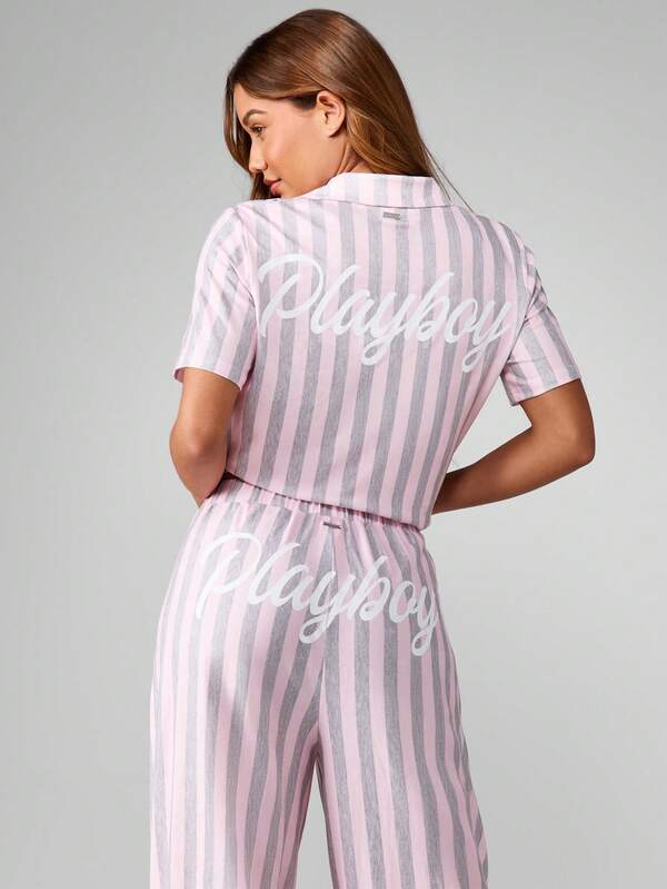 missguided Missguided x Playboy Striped Pajama Set With Button Front