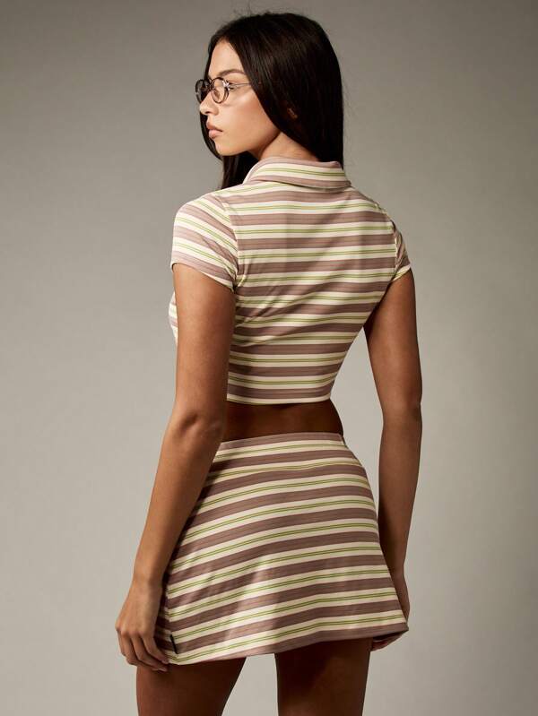 Missguided Missguided X Playboy Striped Polo Crop Top With Matching Mini Skirt