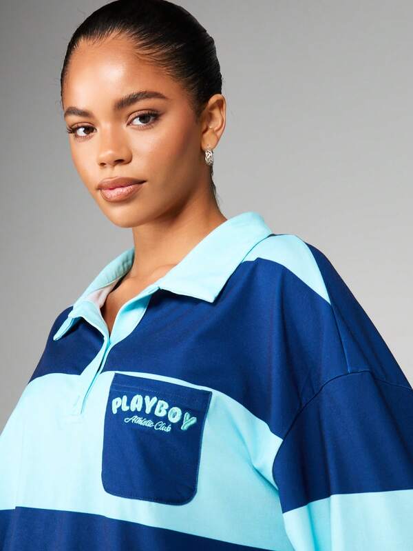 Missguided Missguided X Playboy Striped Polo Shirt With Athletic Logo