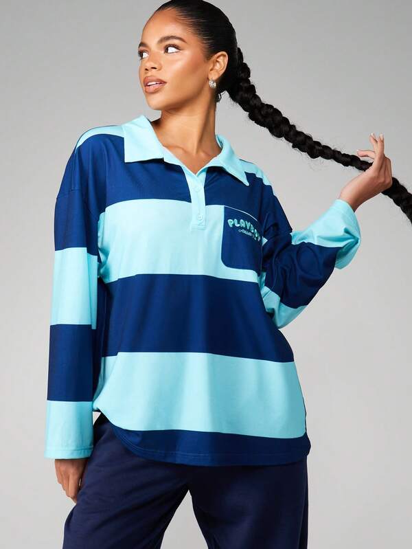 missguided Missguided x Playboy Striped Polo Shirt With Athletic Logo