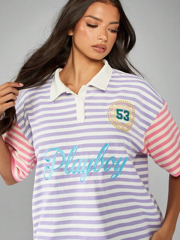 Missguided Missguided X Playboy Striped Polo Shirt With Logo And Number Patch