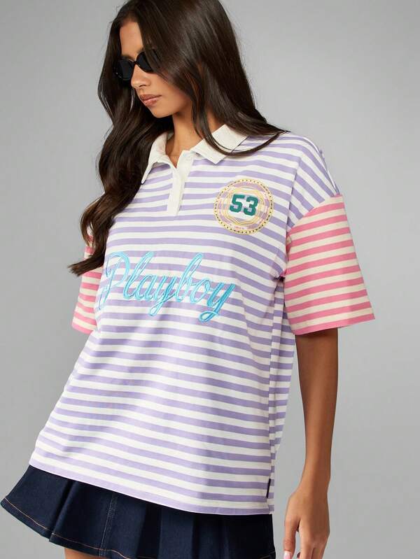 missguided Missguided x Playboy Striped Polo Shirt With Logo And Number Patch