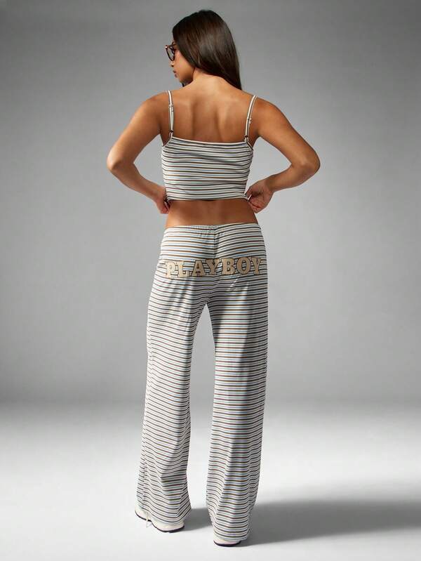 Missguided Missguided X Playboy Striped Ribbed Crop Top And Wide Leg Pants Set