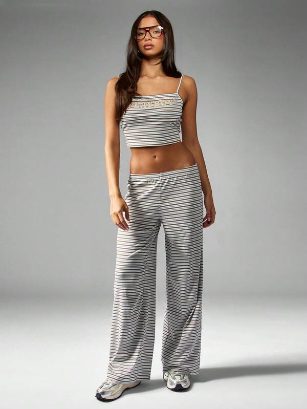 Missguided Missguided X Playboy Striped Ribbed Crop Top And Wide Leg Pants Set