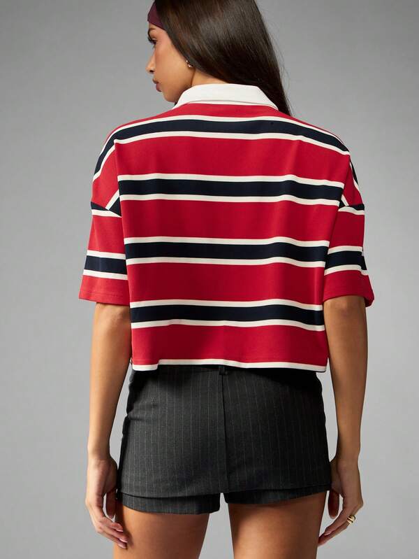 Missguided Missguided X Playboy Striped Rugby Polo Crop Top With Collar