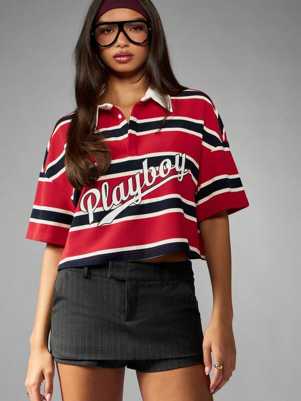 missguided Missguided x Playboy Striped Rugby Polo Crop Top With Collar