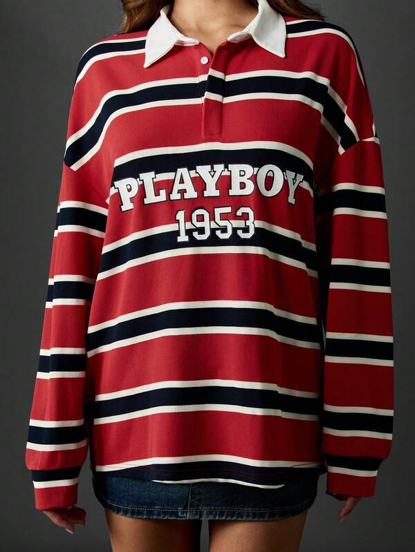 Missguided Missguided X Playboy Striped Rugby Polo Shirt With White Collar