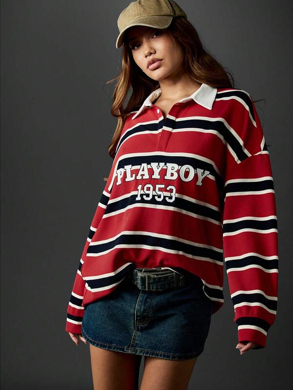 missguided Missguided x Playboy Striped Rugby Polo Shirt With White Collar